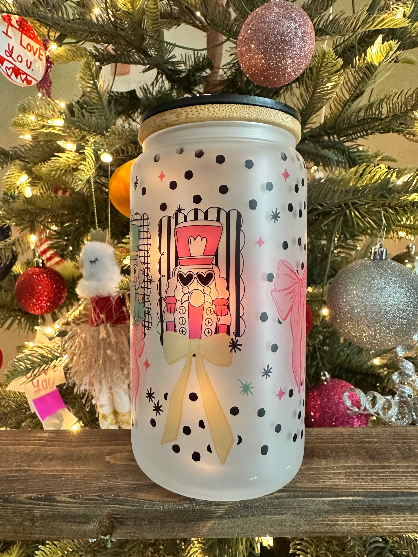 Pastel Nutcracker Christmas Cup | Frosted 16oz Glass Can | Women’s Holiday Iced Coffee Cup