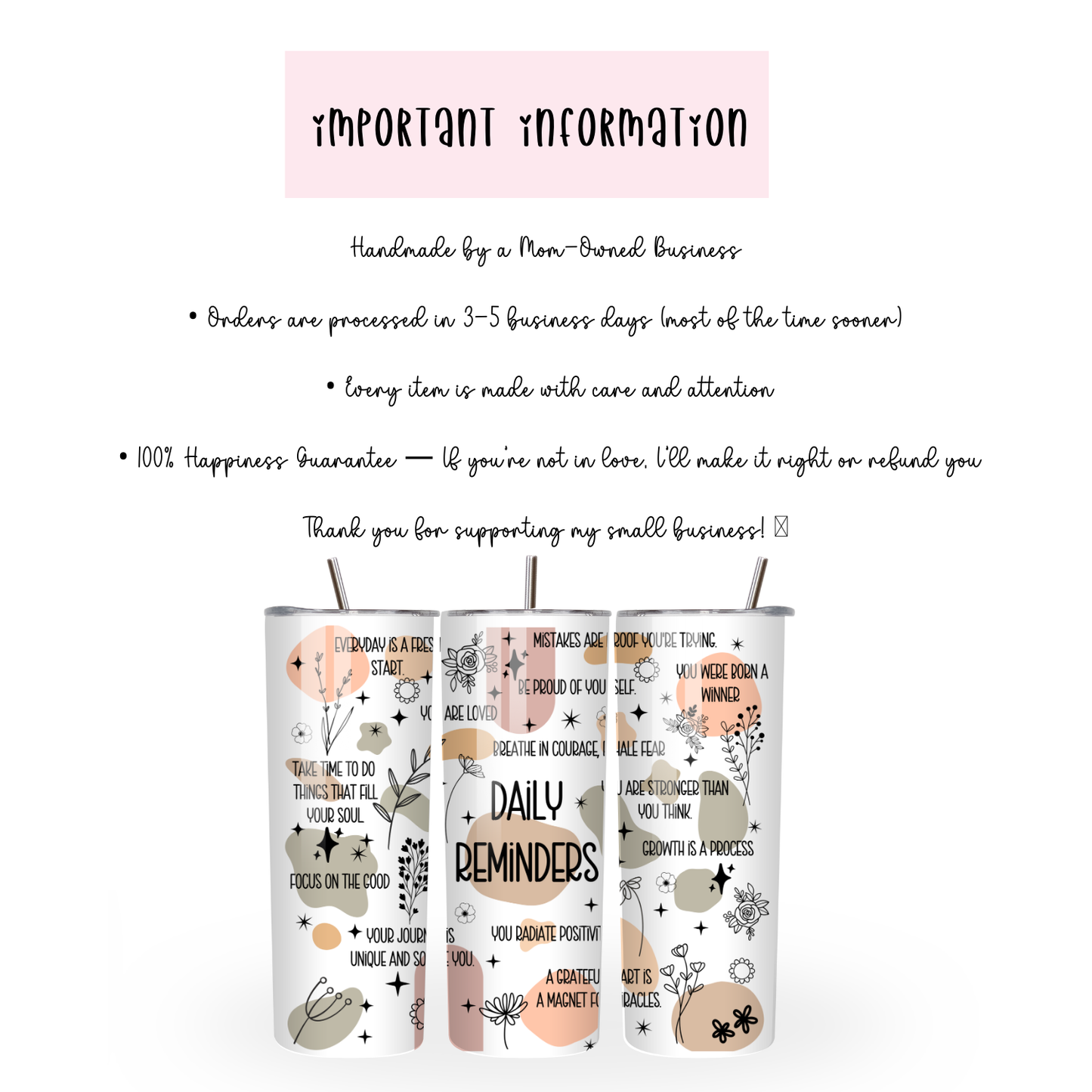 Daily Reminders Tumbler | Positive Affirmation Aesthetic Cup | Stainless Steel Tumbler