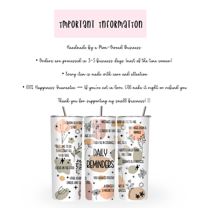 Daily Reminders Tumbler | Positive Affirmation Aesthetic Cup | Stainless Steel Tumbler