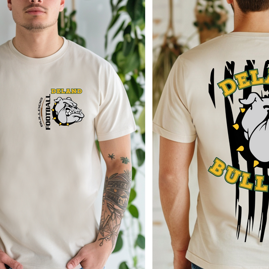 DeLand Bulldogs Unisex Football Spirit Tee - Front & Back Distressed Flag Design