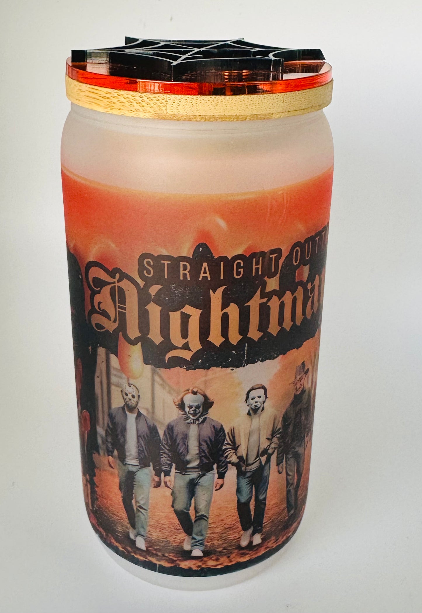 Personalized "Straight Outta Nightmare" Halloween Glass Cup with Spider Topper