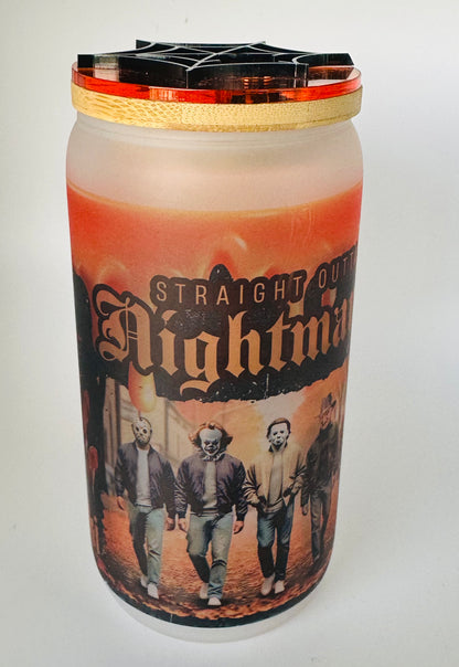 Personalized "Straight Outta Nightmare" Halloween Glass Cup with Spider Topper