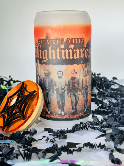 Personalized "Straight Outta Nightmare" Halloween Glass Cup with Spider Topper