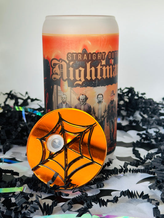 Personalized "Straight Outta Nightmare" Halloween Glass Cup with Spider Topper