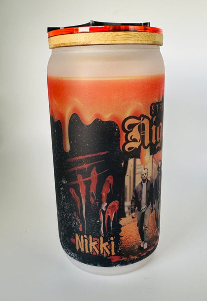 Personalized "Straight Outta Nightmare" Halloween Glass Cup with Spider Topper