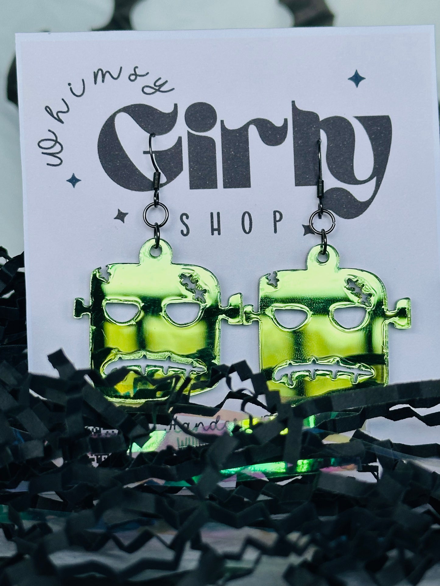 Frankenstein Monster Earrings – Spooky Green Acrylic Earrings – Halloween Dangle Earrings