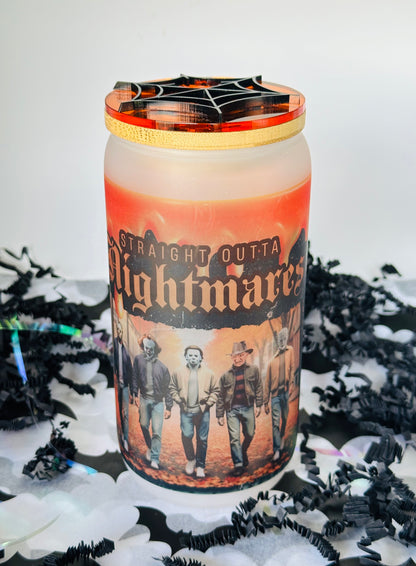 Personalized "Straight Outta Nightmare" Halloween Glass Cup with Spider Topper