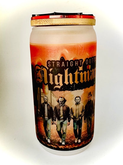 Personalized "Straight Outta Nightmare" Halloween Glass Cup with Spider Topper