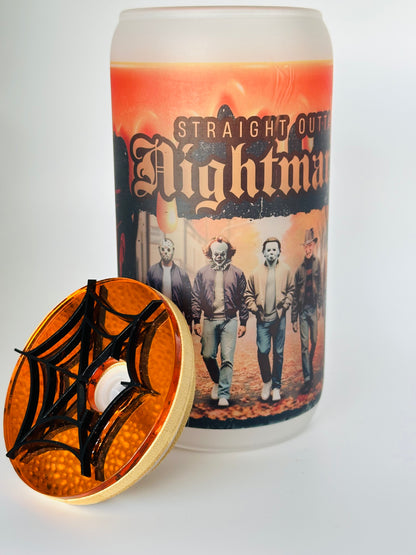 Personalized "Straight Outta Nightmare" Halloween Glass Cup with Spider Topper