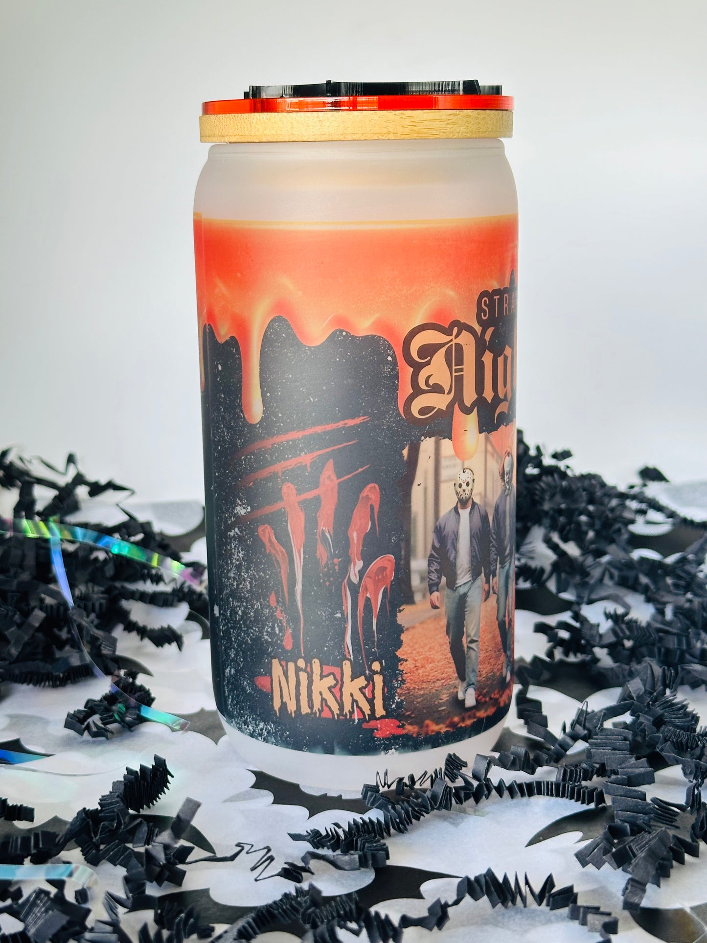 Personalized "Straight Outta Nightmare" Halloween Glass Cup with Spider Topper