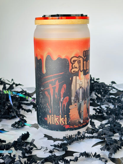 Personalized "Straight Outta Nightmare" Halloween Glass Cup with Spider Topper