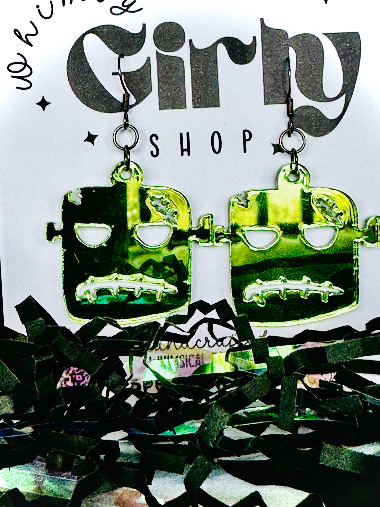 Frankenstein Monster Earrings – Spooky Green Acrylic Earrings – Halloween Dangle Earrings