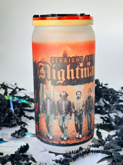 Personalized "Straight Outta Nightmare" Halloween Glass Cup with Spider Topper