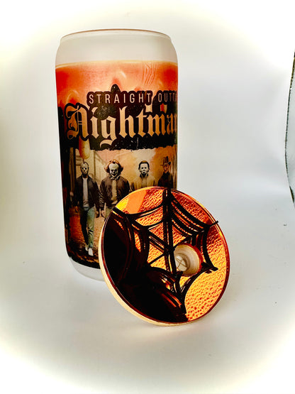 Personalized "Straight Outta Nightmare" Halloween Glass Cup with Spider Topper