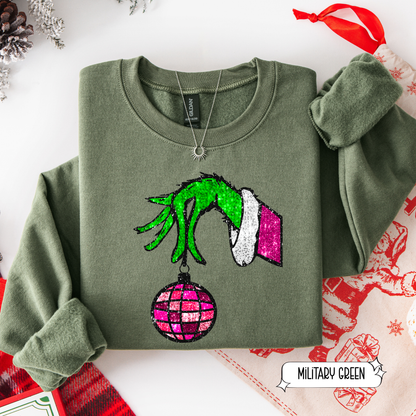 Grinch Hand Christmas Sweatshirt | Cute Holiday Crewneck for Women | Festive Winter Graphic Sweater