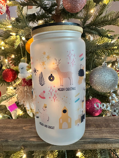 Merry & Bright Christmas Icons | Frosted 16oz Glass Can with Lid | Women’s Holiday Cup