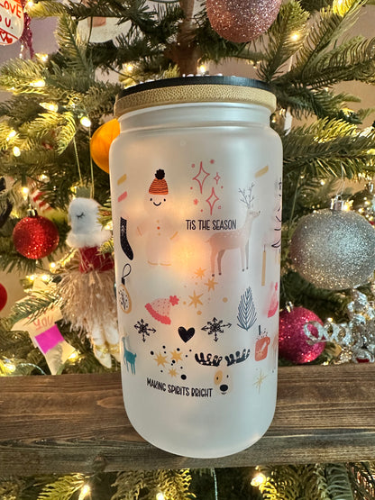 Merry & Bright Christmas Icons | Frosted 16oz Glass Can with Lid | Women’s Holiday Cup