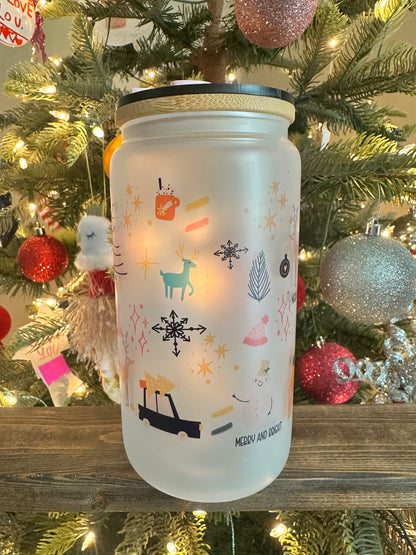Merry & Bright Christmas Icons | Frosted 16oz Glass Can with Lid | Women’s Holiday Cup