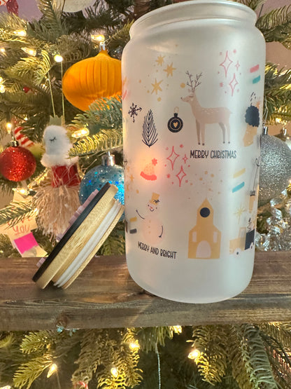 Merry & Bright Christmas Icons | Frosted 16oz Glass Can with Lid | Women’s Holiday Cup