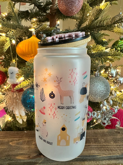 Merry & Bright Christmas Icons | Frosted 16oz Glass Can with Lid | Women’s Holiday Cup