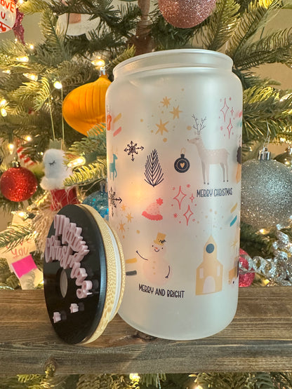 Merry & Bright Christmas Icons | Frosted 16oz Glass Can with Lid | Women’s Holiday Cup