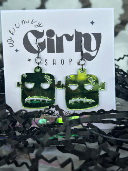 Frankenstein Monster Earrings – Spooky Green Acrylic Earrings – Halloween Dangle Earrings