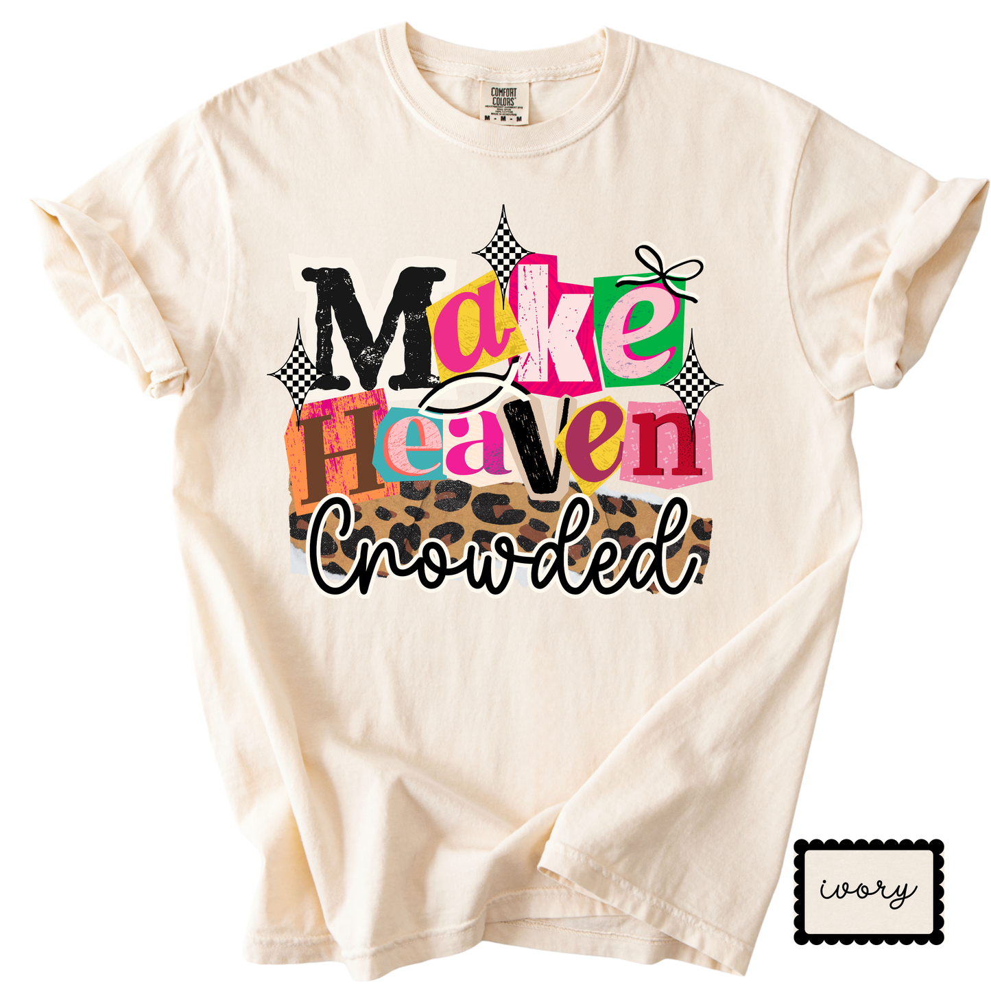 Beige t-shirt with colorful text design on a white background