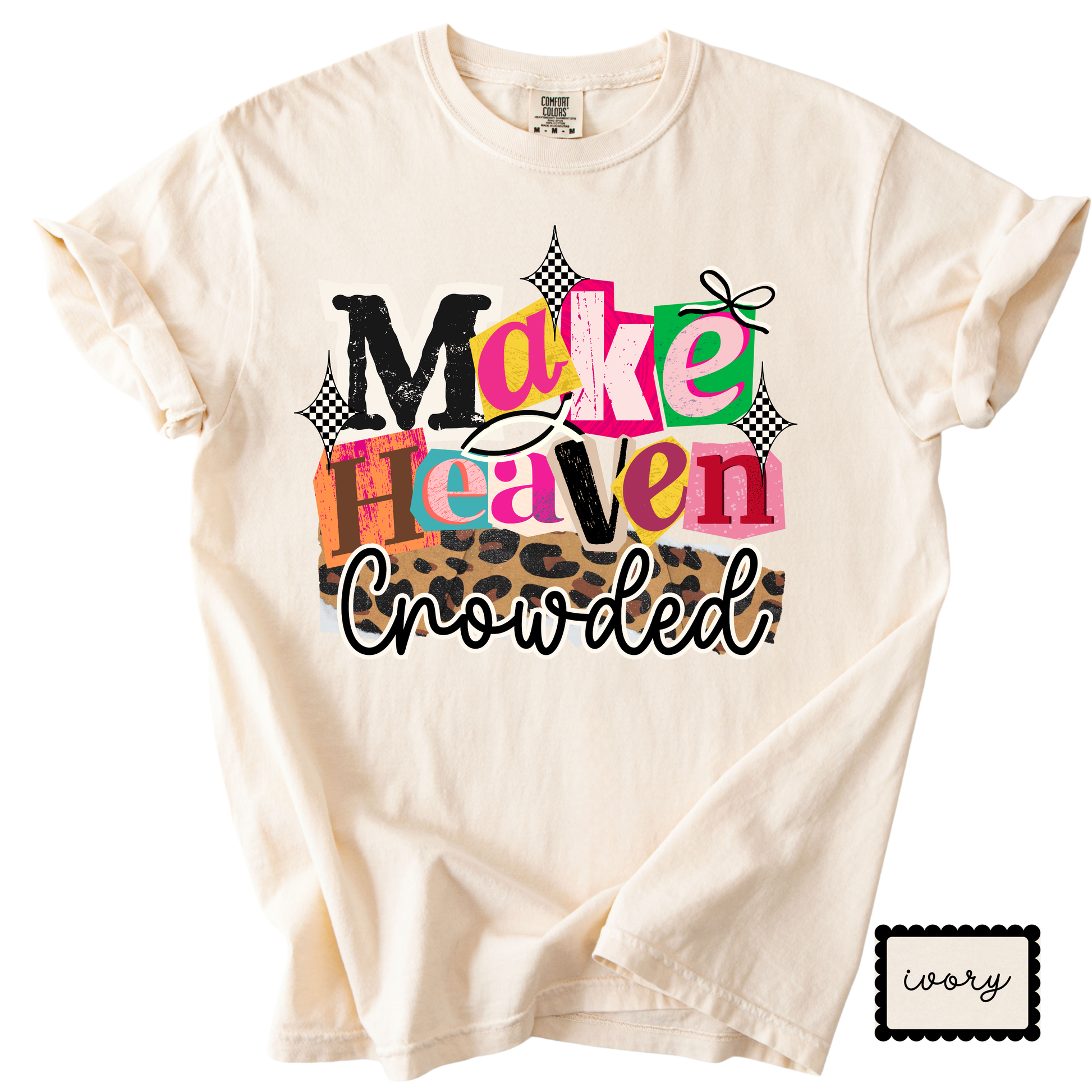 Beige t-shirt with colorful text design on a white background