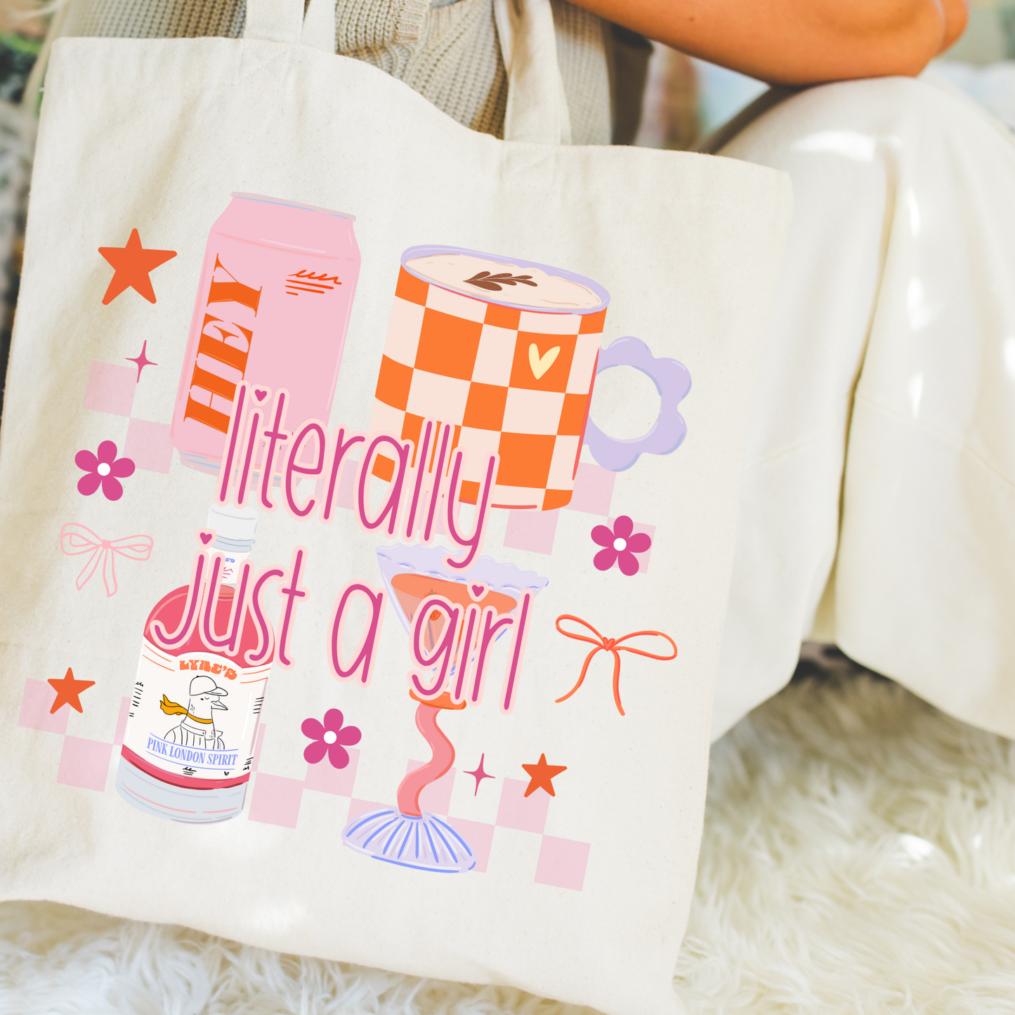 Funny girly tote bag worn over shoulder lifestyle photo
