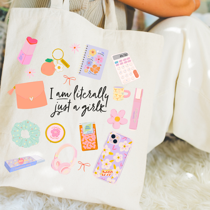 I Am Literally Just a Girl Icon Canvas Tote Bag | Girly Everyday Tote | Cute Carryall