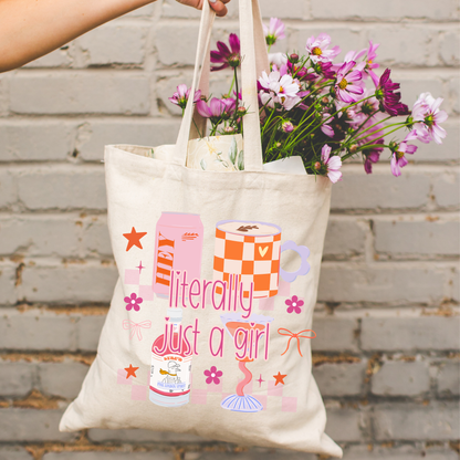 Literally Just a Girl canvas tote bag with pink girly graphic
