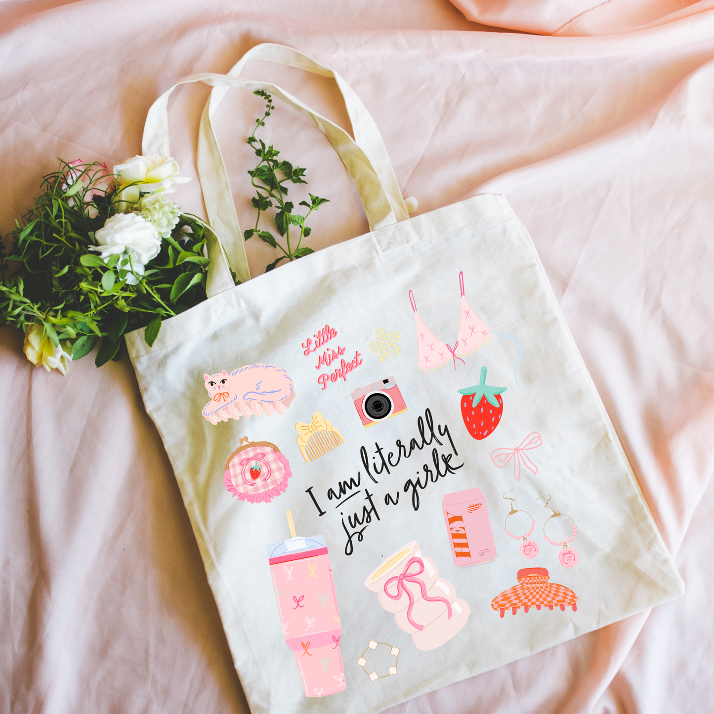 I Am Literally Just a Girl canvas tote bag with girly icons