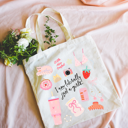 I Am Literally Just a Girl canvas tote bag with girly icons