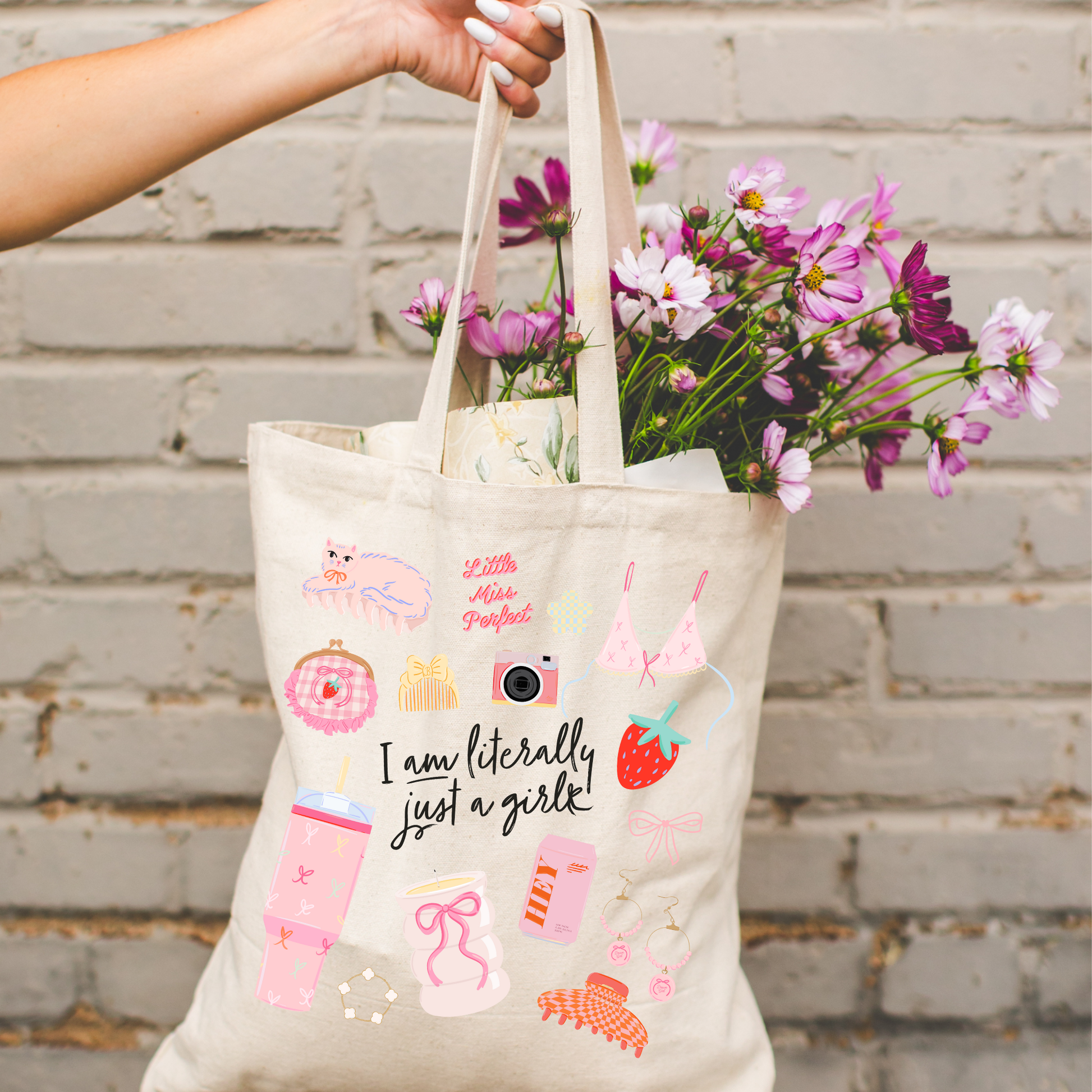 Close up of I Am Literally Just a Girl tote bag design