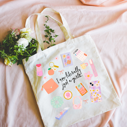 I Am Literally Just a Girl Icon Canvas Tote Bag | Girly Everyday Tote | Cute Carryall