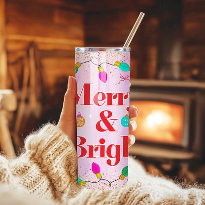 Merry & Bright Tumbler | Cheerful Pastel Holiday Aesthetic Cup | Stainless Steel Tumbler