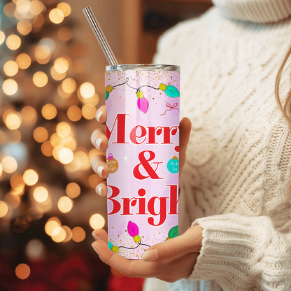 Merry & Bright Tumbler | Cheerful Pastel Holiday Aesthetic Cup | Stainless Steel Tumbler