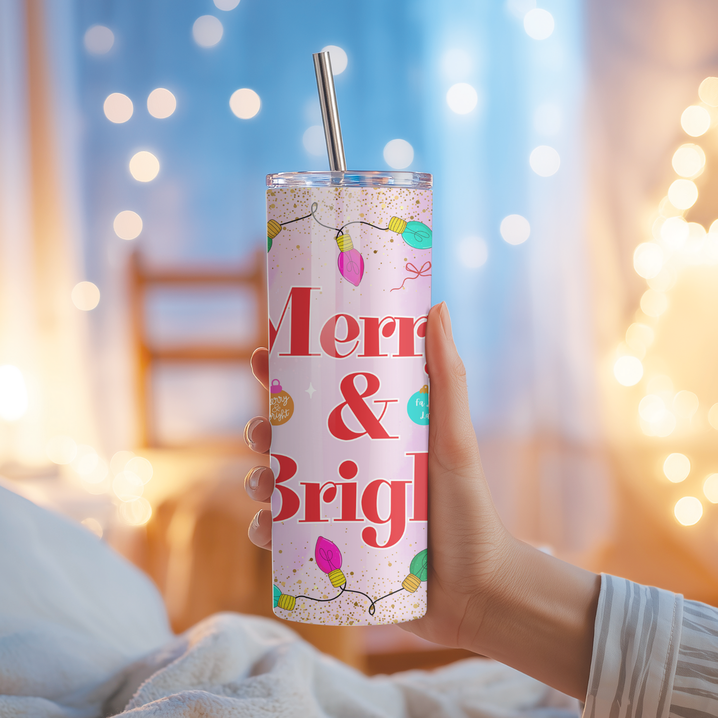Merry & Bright Tumbler | Cheerful Pastel Holiday Aesthetic Cup | Stainless Steel Tumbler