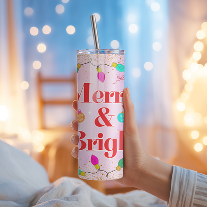Merry & Bright Tumbler | Cheerful Pastel Holiday Aesthetic Cup | Stainless Steel Tumbler