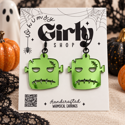 Green Mirrored Monster Earrings | Spooky Halloween Jewelry
