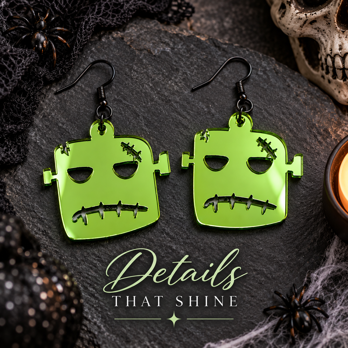 Green Mirrored Monster Earrings | Spooky Halloween Jewelry
