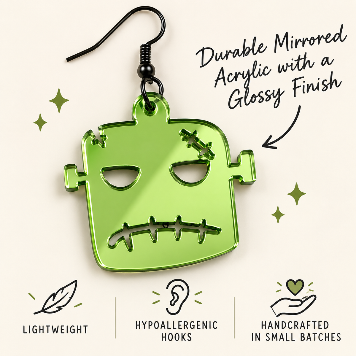 Green Mirrored Monster Earrings | Spooky Halloween Jewelry