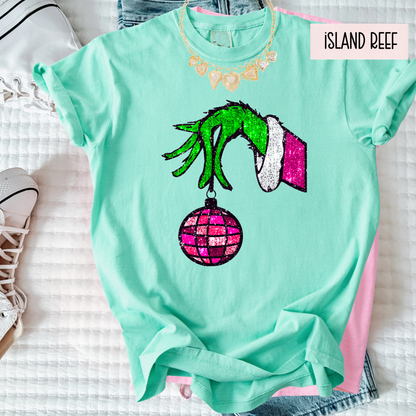 Christmas Hand & Disco Ornament Tee | Faux Glitter Holiday Shirt | Women’s Comfort Colors Tee