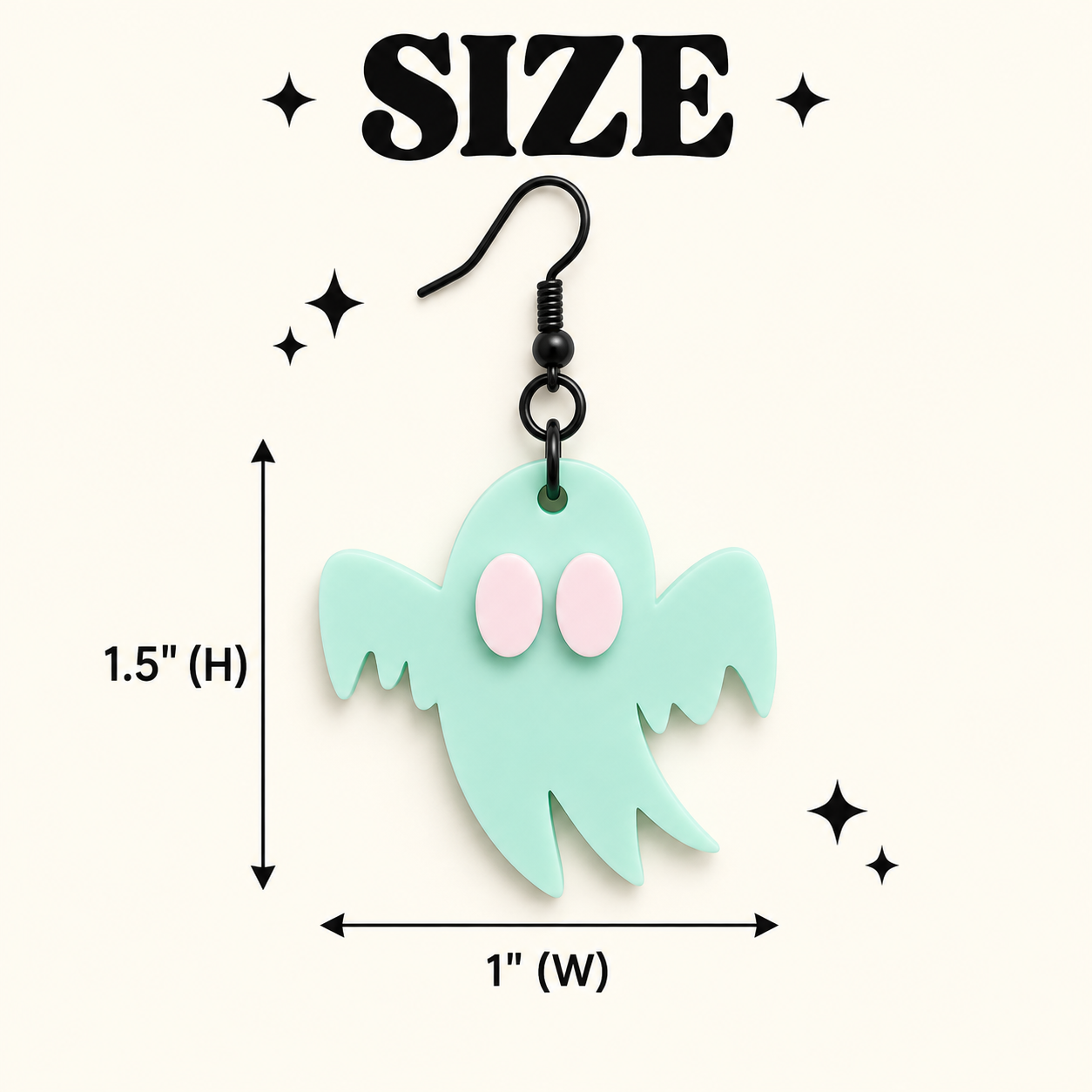 A mint green ghost-shaped dangle earring with pink eyes and a black hook, shown on a cream background with size annotations reading 1.5" (H) and 1" (W) under the word SIZE.