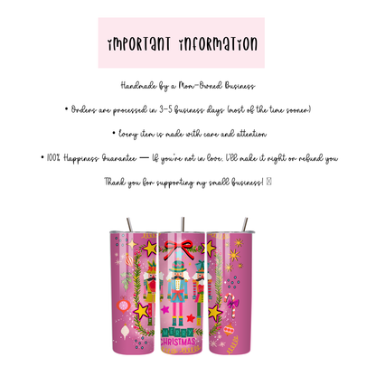Pink Nutcracker Christmas Tumbler | Whimsy Ballet Holiday Aesthetic Cup | Stainless Steel Tumbler