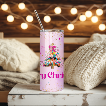 Pink Coquette Christmas Tumbler | Bow & Tree Girly Holiday Cup | Stainless Steel Tumbler