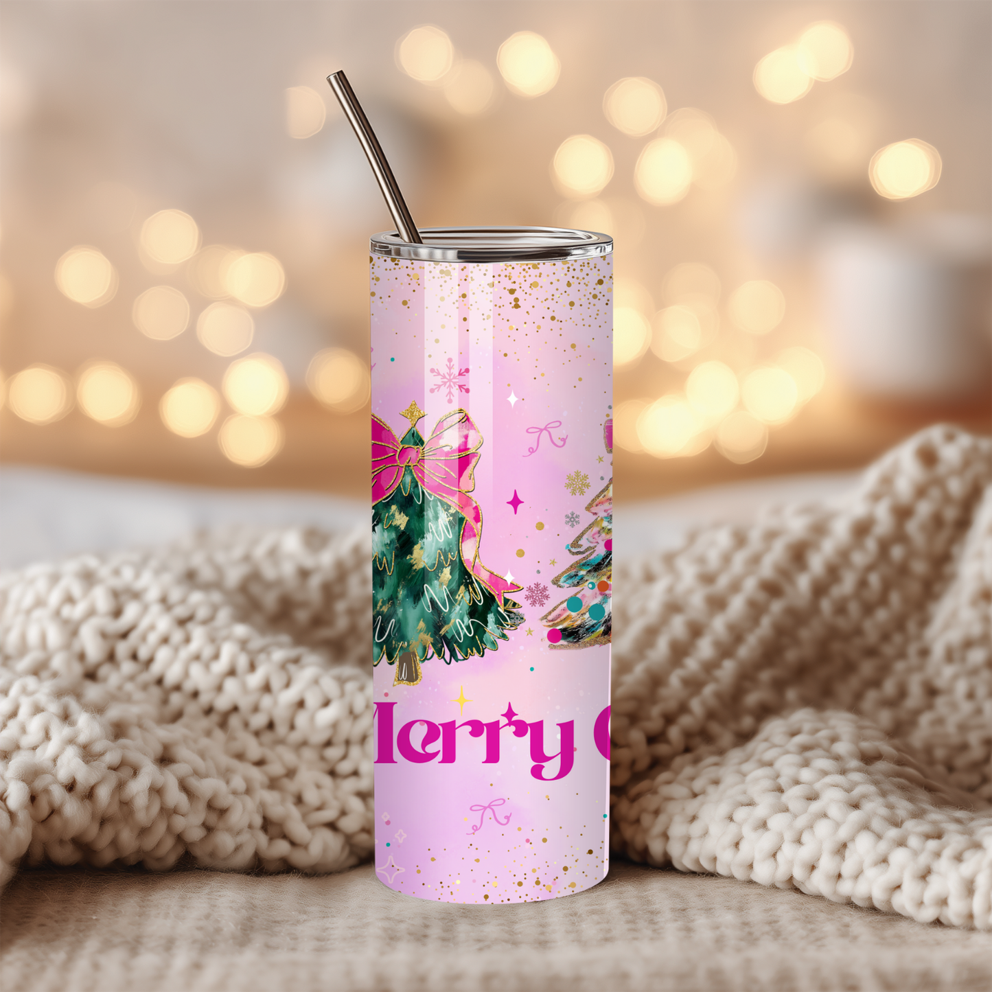 Pink Coquette Christmas Tumbler | Bow & Tree Girly Holiday Cup | Stainless Steel Tumbler