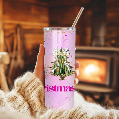 Pink Coquette Christmas Tumbler | Bow & Tree Girly Holiday Cup | Stainless Steel Tumbler