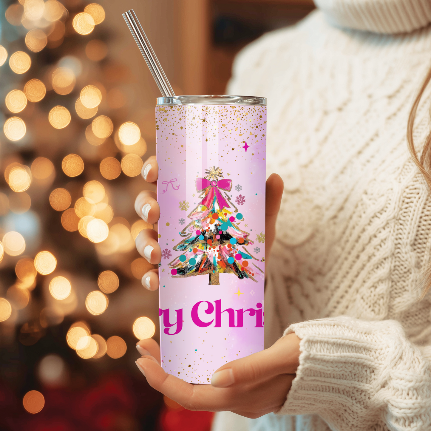 Pink Coquette Christmas Tumbler | Bow & Tree Girly Holiday Cup | Stainless Steel Tumbler