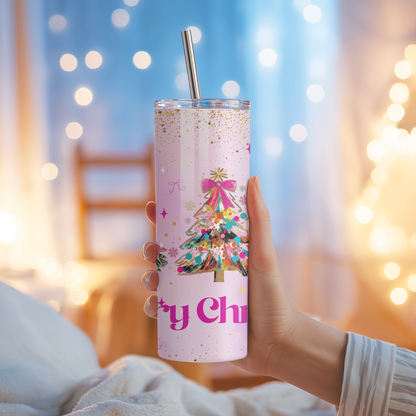 Pink Coquette Christmas Tumbler | Bow & Tree Girly Holiday Cup | Stainless Steel Tumbler